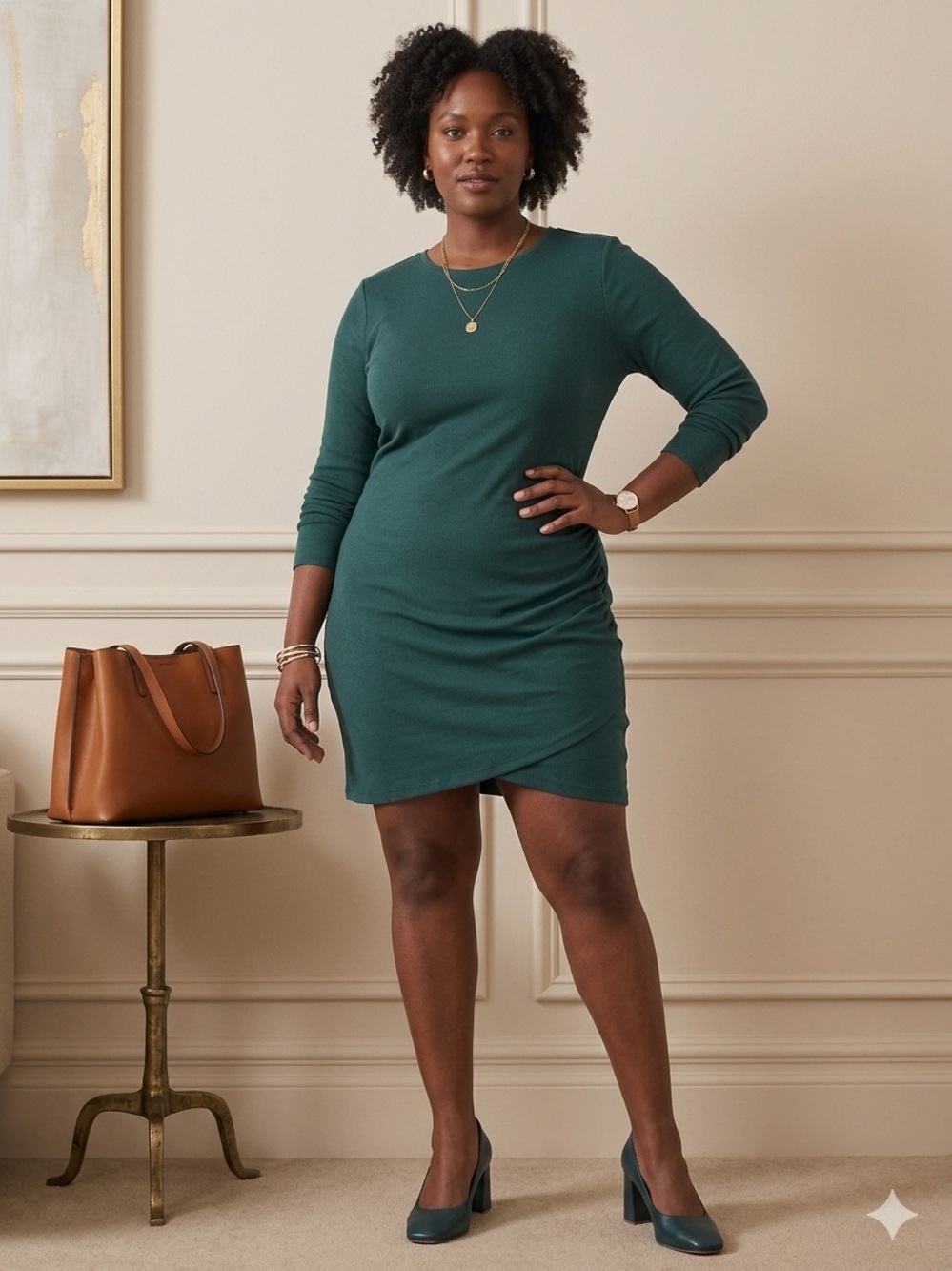 Nine West Teal Long-Sleeve Ruched Side Dress